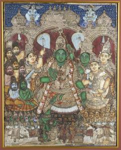 TANJORE SCHOOL,seated, green skinned deity surrounded by figures ,Quinn's US 2015-03-07