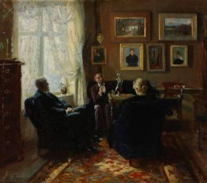 TANNÆS Marie 1854-1938,Interior of a living room with three people talkin,Bruun Rasmussen 2021-01-25