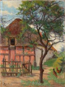 TANNAES Marie 1854-1939,A farm exterior with chickens under a tree,Bruun Rasmussen DK 2021-04-26