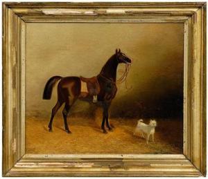 TAX P.T,portrait of a horse with a terrier in a stall,1862,Brunk Auctions US 2009-11-14