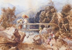 TAYLER John Frederick 1802-1889,figures on a bridge in the mountains,Burstow and Hewett 2023-07-20