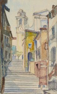 TAYLOR Walter 1875-1943,Church tower and steps in Villeneuve-sur-Mer,Rosebery's GB 2021-03-24