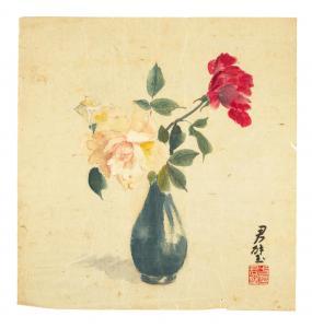 TCHUNPI FAN 1898-1986,White Peony and Red Flower in Blue Vase,1940-1945,Bonhams GB 2023-09-22