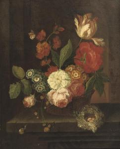 TEIXEIRA DE MATTOS Abraham,Roses, tulips, violets and other flowers in a bask,Christie's 2008-09-09