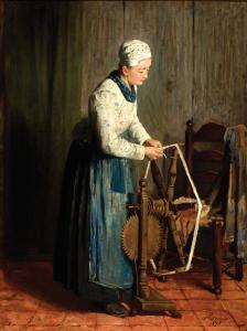 TEIXEIRA DE MATTOS Sara 1814-1893,Young woman by a spinningwheel,1875,Glerum NL 2008-04-15