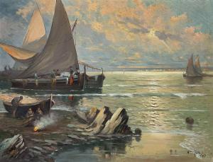 TEJERO MANUEL 1900-1900,Fishing Boats at Sunset with Campfire on the Sh,1937,David Duggleby Limited 2022-06-17