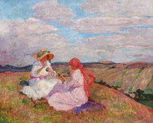 TELKESSY Valeria 1870-1950,Two girls reeling yarn in a field,Bruun Rasmussen DK 2017-06-19