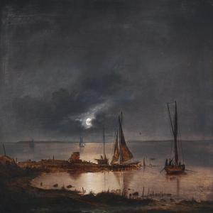 TENGNAGEL de Fabricius 1781-1849,Coastal scenery with small vessels in the moo,1840,Bruun Rasmussen 2016-06-27