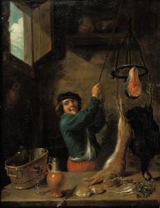 TENIERS David II 1610-1690,A kitchen interior with a peasant holding a hare, ,Christie's 2010-11-09