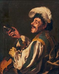 TER BRUGGHEN Hendrick 1588-1629,Studio of. Laughing man with a violin and a gl,1623,Uppsala Auction 2022-06-15