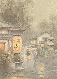 TERAUCHI Fukutaro,A rainy evening with figures and buildings, a lant,Aspire Auction 2015-09-03