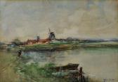 TERRIS TOM 1800-1900,River landscape with figure and distant windmills,Mallams GB 2014-07-11