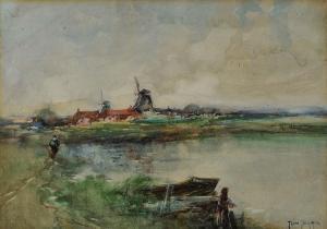 TERRIS TOM 1800-1900,River landscape with figure and distant windmills,Mallams GB 2014-07-11