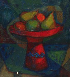teun agatha VAN DEN BERG 1926,Still life withapples and pears on a red sto,Hessink's Veilingen 2008-09-27