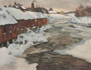 THAULOW Frits 1847-1906,Rivière en hiver et village enneigé en Norvège,Conan-Auclair FR 2024-03-09