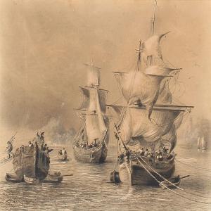 THELOT Antoine Charles,Marine med skibe og robåde ved kyst.,1843,Bruun Rasmussen 2016-05-09