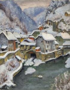 THEVOZ Gaston 1902-1948,Le pont de la Poya sous la neige Fribourg,1939,Dogny Auction CH 2018-10-02