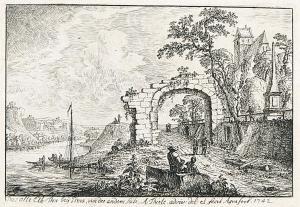 THIELE Johann Alexander 1685-1752,Das alte Elbetor zu Pirna, Landschaft mit Fi,1742,Winterberg Arno 2022-10-22