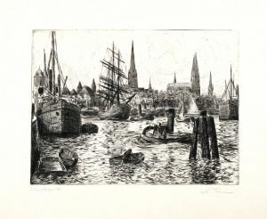 THIEME Leopold 1880-1963,Lübecker Hafenansicht mit Blick auf die Silhouette,1930,Mehlis 2008-02-29