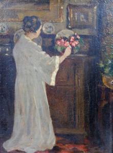 THIJSEN Carolus Johannes 1871-1937,Hoekje salon met bloemschikkende dame,Venduehuis NL 2021-02-28