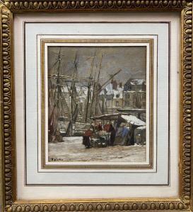THIOLLET Alexandre 1824-1895,Marché sur un quai en hiver,Eric Caudron FR 2022-11-04