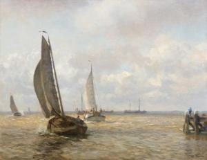 THOLEN Willem Bastiaan,Sailing boats in the Zuiderzee near a harbour,1915-1924,Venduehuis 2023-11-14
