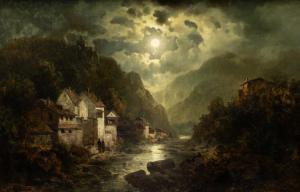 THOMA Josef 1828-1899,A moonlit mountainous landscape with houses by a r,Venduehuis NL 2023-11-15
