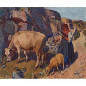 THOMANN Gustav Adolf 1874-1961,Dalmatinische Bäuerin mit Schaf und Kuh,Dobiaschofsky CH 2017-11-08