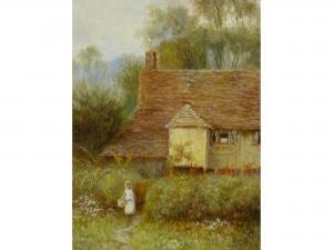 THOMAS J 1900,Young girl standing outside a thatched cottage,Capes Dunn GB 2014-09-30