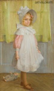 THOMAS Paul 1868-1910,Portrait d'une fillette à la robe blanche et sa po,Art Valorem FR 2024-01-15