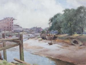 THOMAS William Barton,River estuary with boats at low tide, wharf beyond,Morphets 2021-09-09