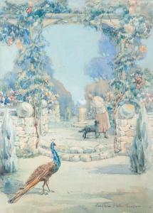 THOMPSON Constance Dutton,garden scene with a lady and pet dog, a peacock in,Capes Dunn 2020-01-14