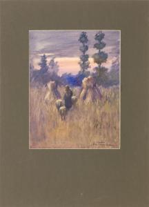 THOMPSON Nellie Louise,Sunset over a woman and sheep walking through a fi,Eldred's 2019-05-16