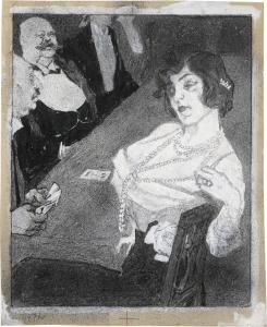 THONY Eduard,Dame mit langer Perlenkette am Tisch mit mehreren ,Galerie Bassenge 2023-12-01