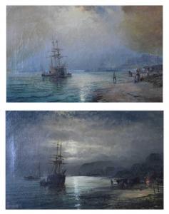 THORNLEY Hubert,tall ships off the coast, figures on the foreshore,Clevedon Salerooms 2022-11-24