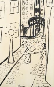 THURBER James 1894-1961,Figures in a Street under a Hotel Sign,Tooveys Auction GB 2023-09-06