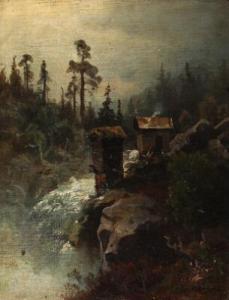 THURMANN Peder Cappelen,Forest scenery with waterfall and cliffs,1874,Bruun Rasmussen 2020-12-07
