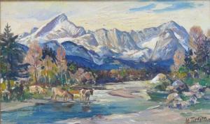 TIEDJEN Willy 1881-1950,Flusslandschaft mit Kühen, im Hintergrund Gebirge,Georg Rehm DE 2022-12-08