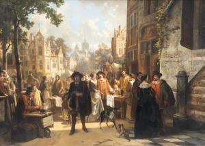 TIELEMANS Louis 1826-1856,A busy market day in Flanders,1855,Venduehuis NL 2023-05-24