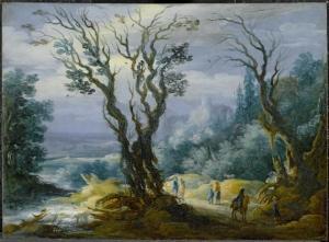 TIELIUS Johannes 1660-1719,Forest landscape with rider and figures,Galerie Koller CH 2011-09-19