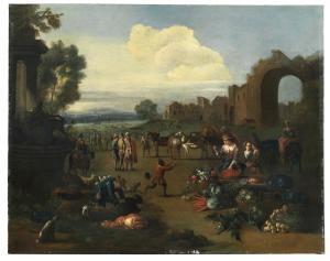 TILLEMANS Peter 1684-1734,A market scene with a river landscape beyond,Palais Dorotheum 2021-06-09