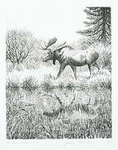 TILLENIUS Clarence 1913-2012,Bull Moose and Reflection #26/50,Levis CA 2017-05-20