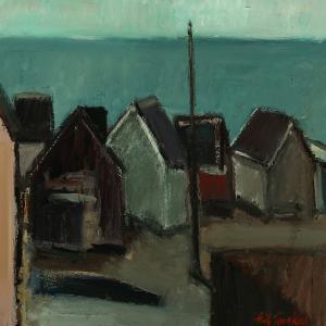 TINGKOR Leif 1946,Coastal scenery with houses by the sea,Bruun Rasmussen DK 2014-03-16
