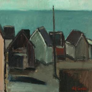 TINGKOR Leif 1946,Coastal scenery with houses by the sea,Bruun Rasmussen DK 2016-02-15