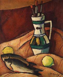Tipoia Alexandru 1914-1993,Still Life with Paintbrushes, Lemons and Fish,Artmark RO 2023-07-12