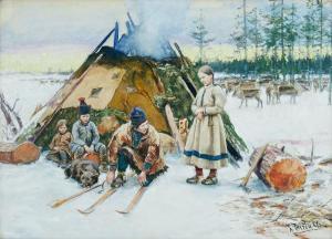 TIREN Johan 1853-1911,Samefamilj vid kåta med renar,1887,Uppsala Auction SE 2022-06-15