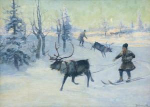 TIREN Johan,Skidåkande samer med renar i solbelyst vinterlands,1892,Uppsala Auction 2022-06-15