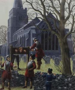 TODD Justin 1932,Roundheads putting a figure in stocks by a church,Gorringes GB 2019-05-13