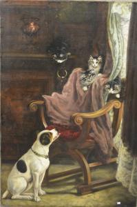 TOEFAERTS Albert 1856-1909,Scène d'intérieur avec chien et chatons,Rops BE 2018-03-11
