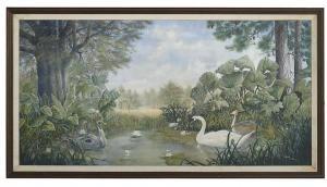 TOLLIVER William 1951-2000,Louisiana Bayou Landscape with Swans,New Orleans Auction US 2022-08-27